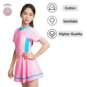Girls Zipper One Piece Swimsuit with Skirt