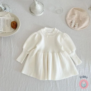 Girls Knit Puff Sleeve Sweater Dress