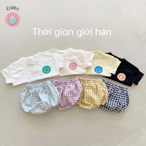 Cotton Smile Face T-shirt and Plaid Shorts Set