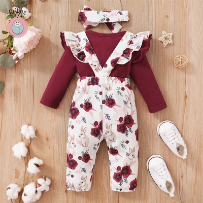 Red Baby Girl Bodysuit and Flower Pants Set title=