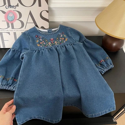 Girls Denim Floral Embroidery Long Sleeve Dress title=