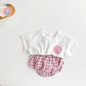 Cotton Smile Face T-shirt and Plaid Shorts Set