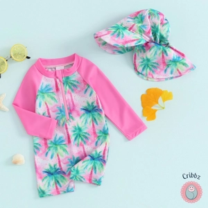 **Toddler Long Sleeve Floral Swimsuit with Hat**