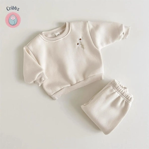 Winter Plush Daisy Embroidery Sweatshirt and Pants Set