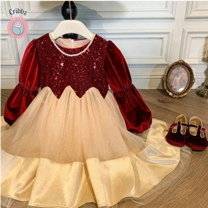 Girls Sequined Lantern Sleeve Winter Dress