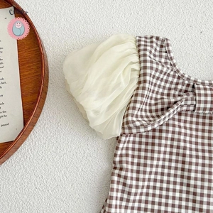 Plaid Lace Sleeve Girls One-Piece Swimsuit