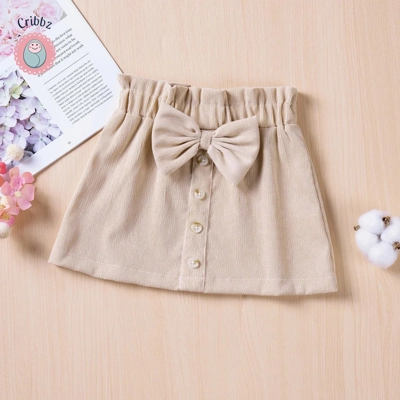 Toddler Girl Solid Button Skirt with Bow title=