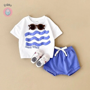 Cartoon Wave T-shirt and Beach Shorts Set