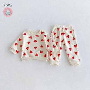 Cozy Kids Heart Print Hoodie Tracksuit Set
