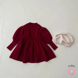 Girls Knit Puff Sleeve Sweater Dress