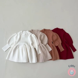 Girls Knit Puff Sleeve Sweater Dress