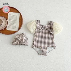 Plaid Lace Sleeve Girls One-Piece Swimsuit