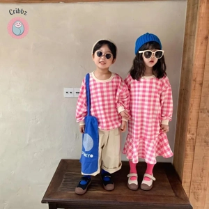 Pink Plaid Siblings Hoodie Dress Set