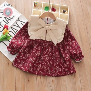 Autumn Floral Bow Lace Dress for Girls