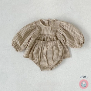 Spring Cotton Plaid Blouse and Shorts Set