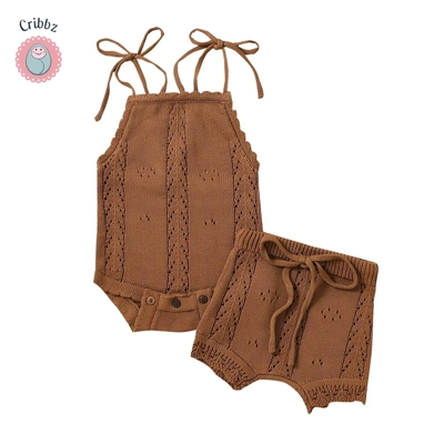 Newborn Baby Girls Summer Knit Romper Set title=