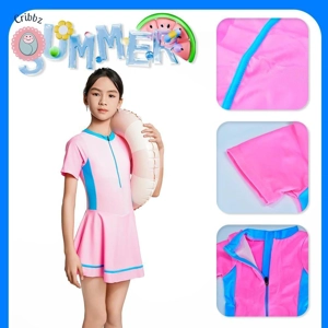 Girls Zipper One Piece Swimsuit with Skirt