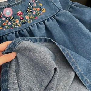 Girls Denim Floral Embroidery Long Sleeve Dress