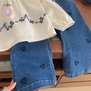 Girls Embroidered Blouse and Heart Jeans Set