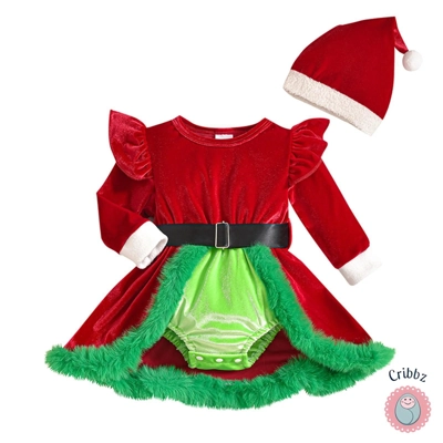 Christmas Infant Girls Velvet Bodysuit Dress title=