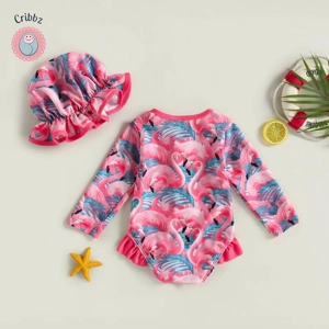 Flamingo Flower Print Baby Girl Swimwear