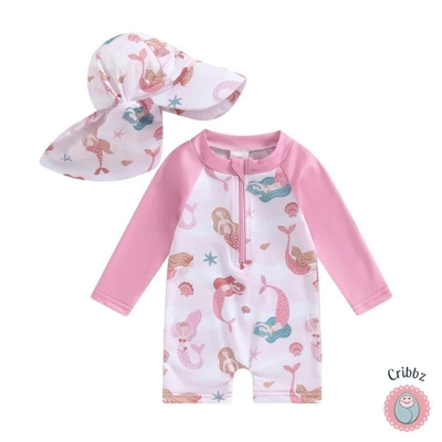 **Toddler Long Sleeve Floral Swimsuit with Hat** title=