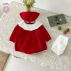 Autumn Red Baby Girl Knitting Romper