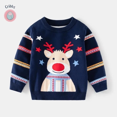 Festive Deer Kids Winter Knit Sweater title=