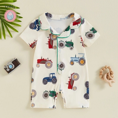 Infant Summer Tractor Flower Pajamas Romper title=