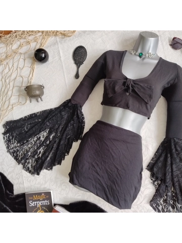 Morticia Lace Bell Sleeve Crop Top Black