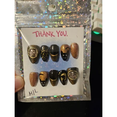 Gold-Pink Holo Familiar Magic – Sun, Moon & Cat Press-On Nails Gold-Pink Holo Familiar Magic – Sun, Moon & Cat Press-On Nails