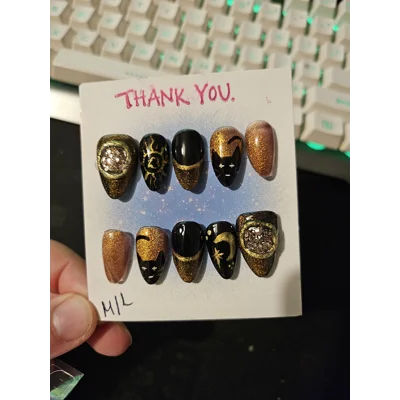 Gold-Pink Holo Familiar Magic – Sun, Moon & Cat Press-On Nails Gold-Pink Holo Familiar Magic – Sun, Moon & Cat Press-On Nails