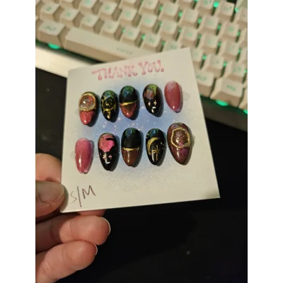 Pink Holo Familiar Magic – Sun, Moon & Cat Press-On Nails Pink Holo Familiar Magic – Sun, Moon & Cat Press-On Nails
