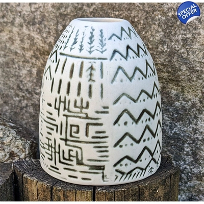 Mystery Pots | White Studio Pottery Vase - Hieroglyphic Designs.