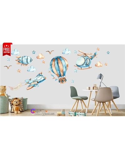 Hot air balloon Wall decal, Nursery wall decal, Watercolor Hot air balloon, Airplane wall sticker, Boys wall decal, Airplane Name wall decal Hot air balloon Wall decal, Nursery wall decal, Watercolor Hot air balloon, Airplane wall sticker, Boys wall decal, Airplane Name wall decal