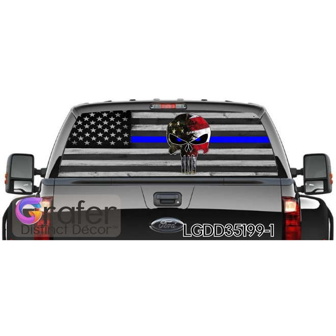 product Image for Law enforcement Skull Pick-Up Truck Perforated Rear Windows Graphic Decal, Police Decal, Distressed