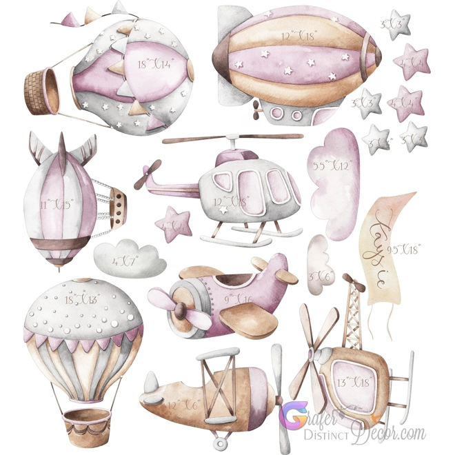 Additional Image for Hot air balloon Wall decal, Nursery wall decal, Watercolor Hot air balloon, Airplane wall sticker, B