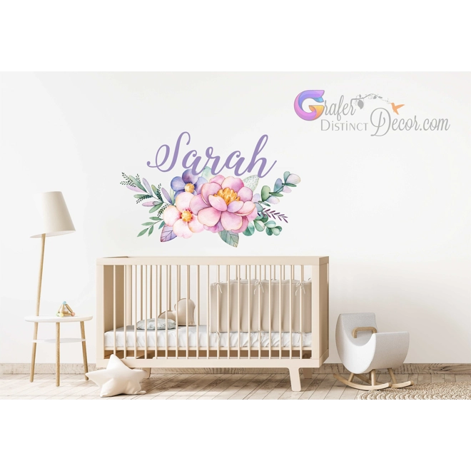 Additional Image for Peony Flowers Wall Sticker with Name - Personalized Peony Wall Decal - Girls Personalized Name Peony