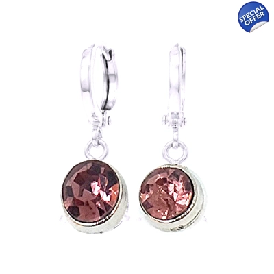 Cubic Zirconia Dark Pink Crystal Classic Round Hoop Drop Earrings