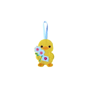 A small felt chick hanging decoration with a yellow knit-stitch embroidered body, holding a blue envelope with a pink heart and a bouquet of flowers, finished with a white hanging loop.