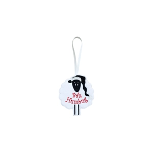 A felt Christmas sheep decoration featuring the words ‘Bah Humbug’ embroidered in red, with a black sheep face wearing a festive hat and a ribbon loop for hanging.