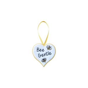 White felt heart decoration with yellow edging and ribbon, embroidered with the words 'Bee Gentle' and two small black and yellow bees.
