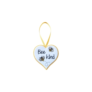Heart-shaped decoration with a yellow stitched edge, featuring the words 'Bee kind' and two small stitched bees, finished with a coordinating hanging ribbon.