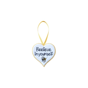 White felt heart decoration with yellow edging and a yellow hanging ribbon, embroidered with the words 'Beelieve in yourself' and a small black and yellow bee at the bottom.