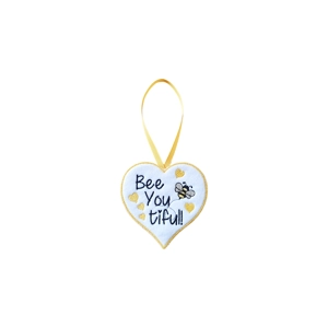 Heart-shaped white hanging decoration with a bold yellow border and hanging ribbon loop, embroidered with a bee, yellow hearts, and the words ‘Bee You tiful!!’