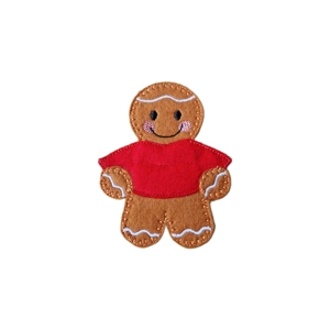 Big Kiss Gingerbread Character made from felt, holding a large red pair of lips with a smiling face and detailed stitching, capturing a playful and loving design.