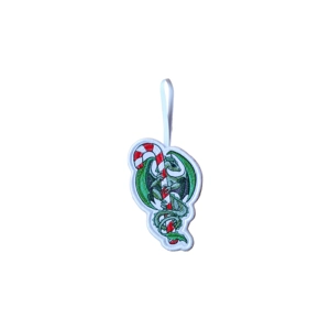 An embroidered felt dragon ornament curling around a striped candy cane, with detailed festive stitching and a white ribbon loop for hanging.