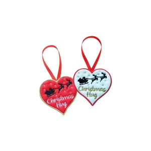 Two felt Christmas heart decorations embroidered with the words ‘Christmas Hug’, one red and one white, each featuring Santa’s sleigh and reindeer and finished with a red ribbon loop for hanging.