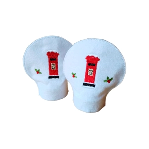 Two white felt tealight covers embroidered with a red Christmas post box and small holly details, shown side by side.