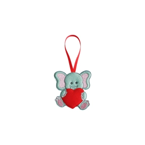 Felt elephant love hanging decoration, grey body with pink ears and paws, holding a red heart with a red ribbon loop for hanging